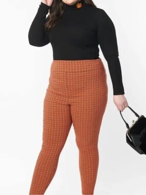 Unique Vintage Orange Plaid High-Waist Skinny Pants